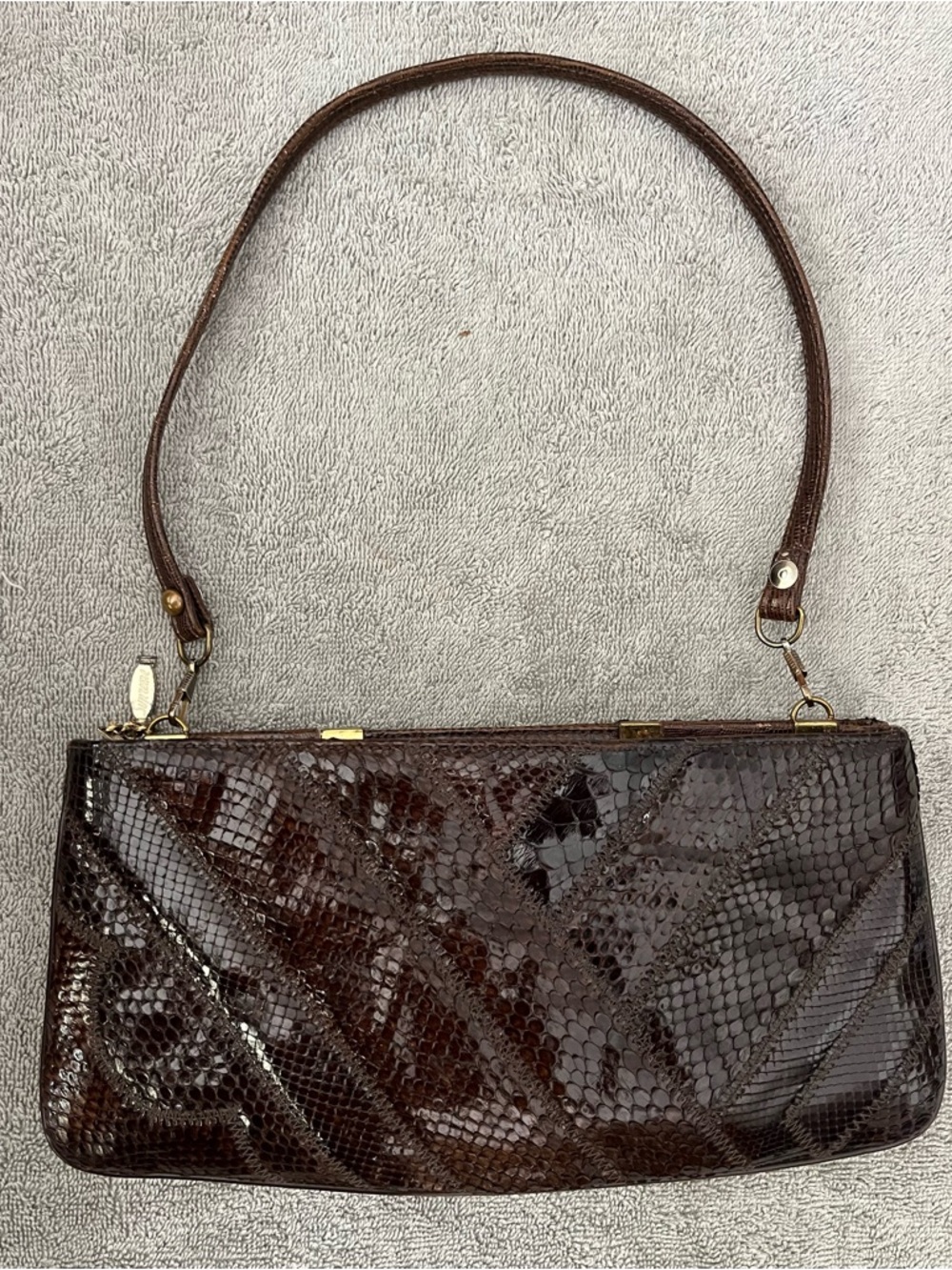 Vintage, Classic Brown Patent Snake-Embossed Clutch Bag, made by Bags by Supreme